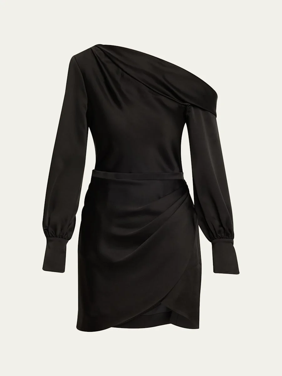 Cameron One-Shoulder Wrap-Skirt Satin Mini Dress - 1