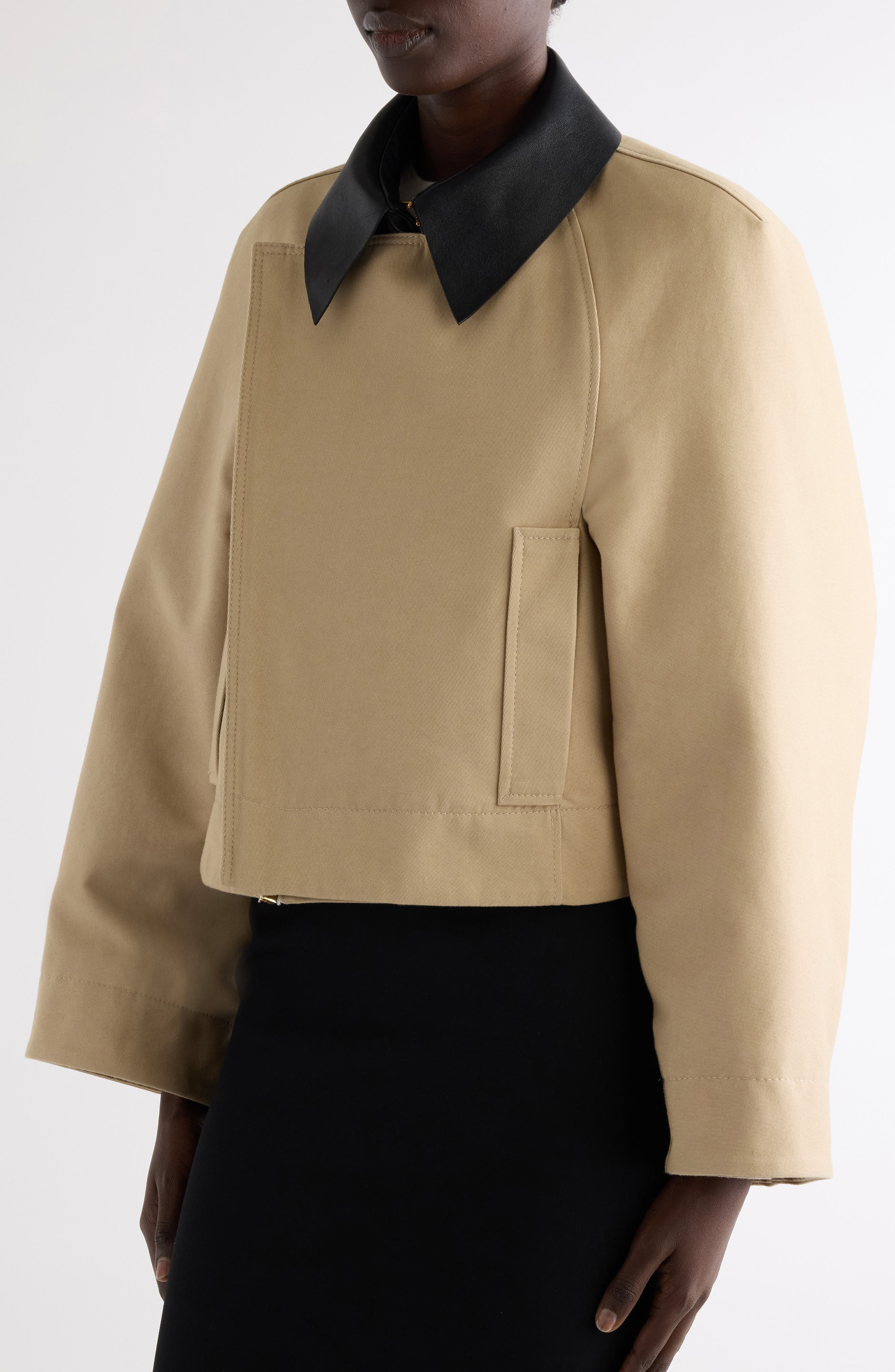 Givenchy Leather Collar Gabardine Crop Trench Jacket in Beige at Nordstrom - 3