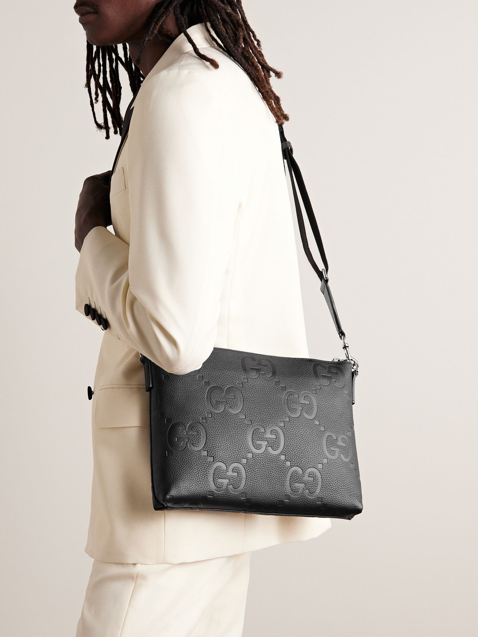 Monogrammed Pebble-Grain Leather Messenger Bag Black - 2