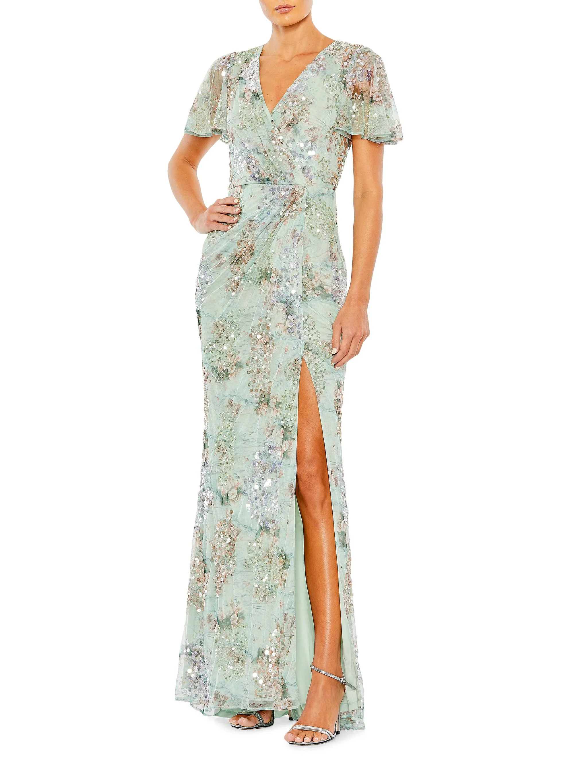 Women's Embellished Flutter-Sleeve Wrap Gown - Sea Mist - 1