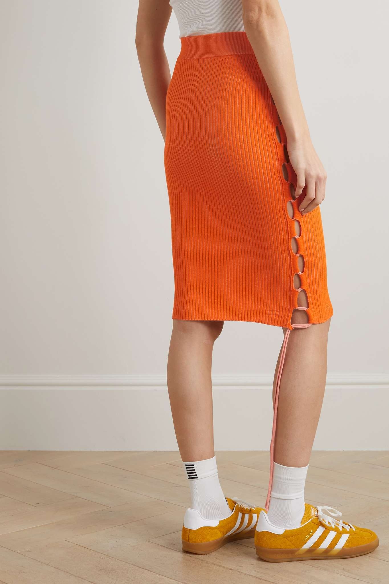 Vanise lace-up ribbed-knit midi skirt - 3