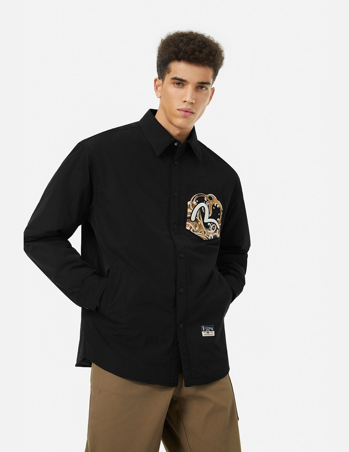 Seagull and Wave Embroidery Relax Fit Padded Shirt Jacket - 5