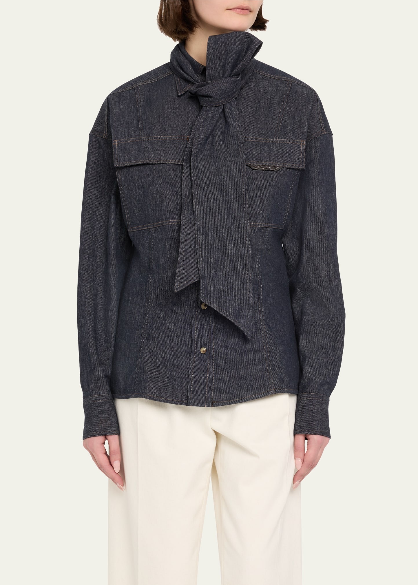 Lightweight Denim Shirt With Removable Bow - 4