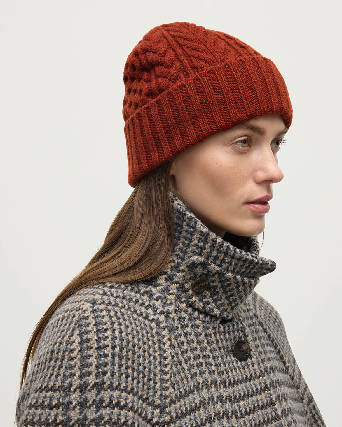 Aran Cable Red Cashmere Beanie - 2