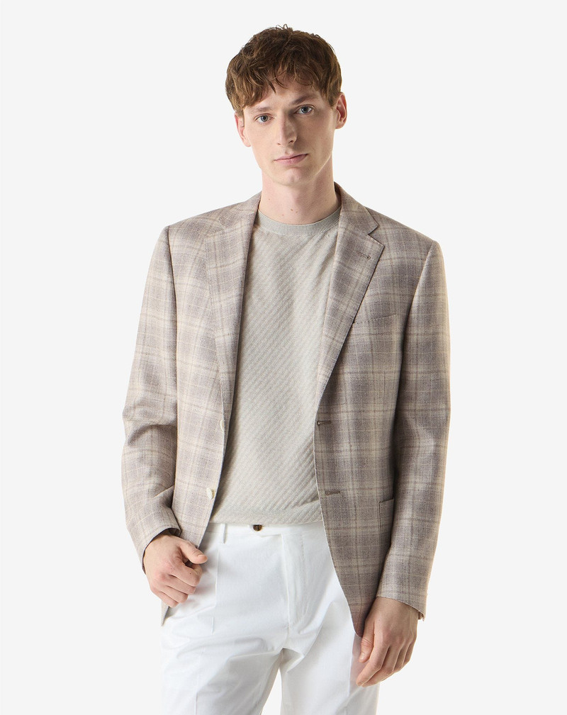 CORNELIANI Beige overcheck jacket in silk and wool outlook
