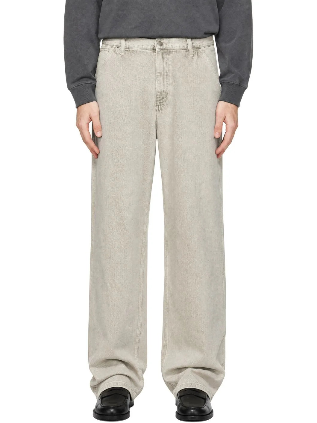 Beige Single Knee Denim Trousers - 1
