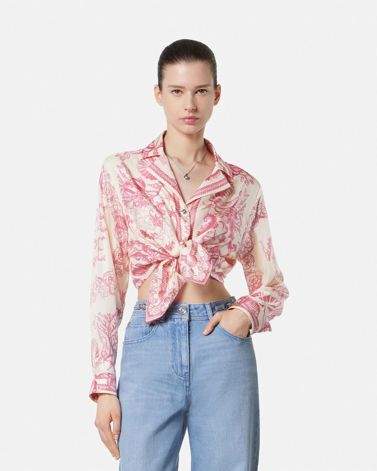 Underwater Barocco Knotted Crop Silk Shirt - 4