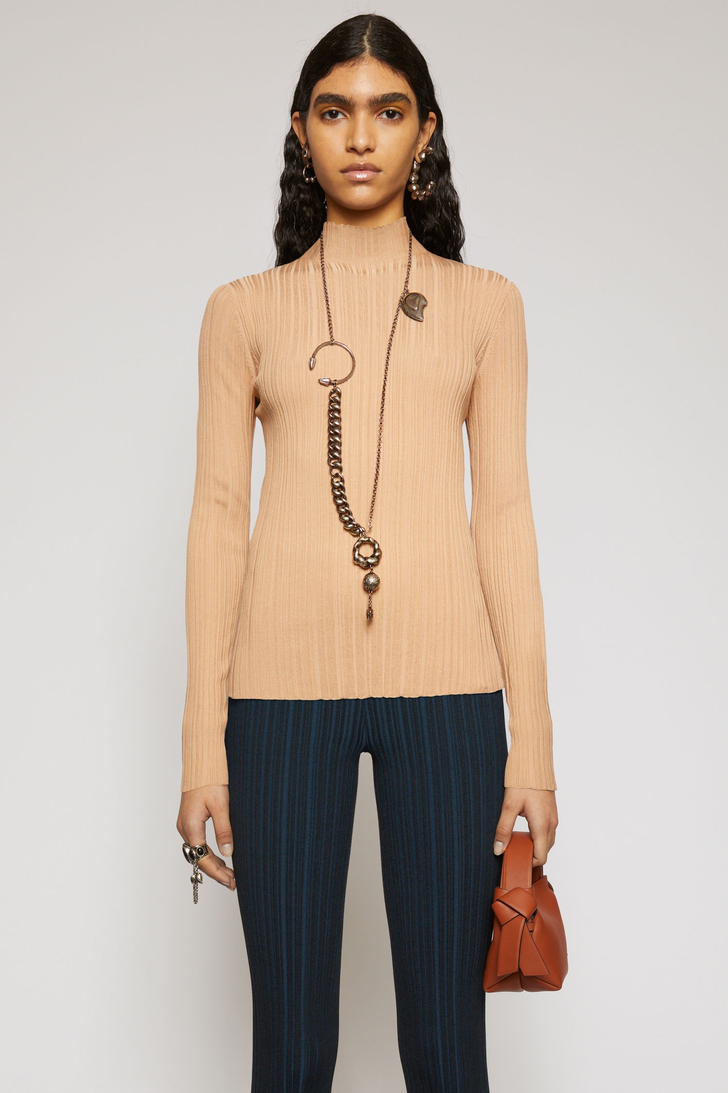 Mock neck ribbed sweater cream beige - 2