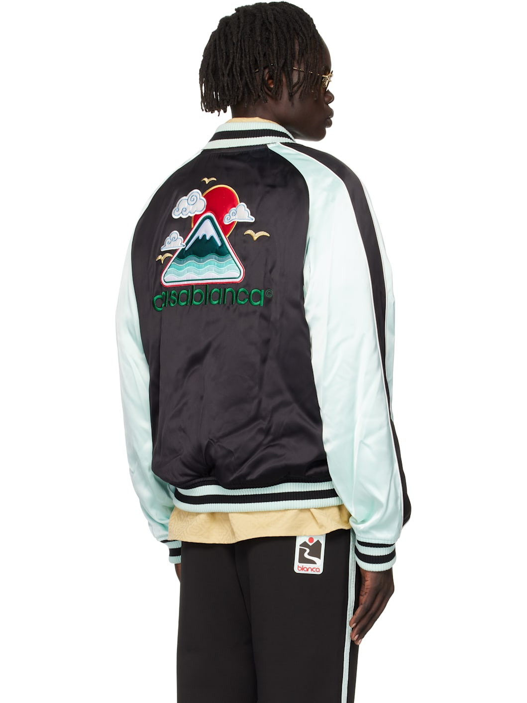 Green & Black Embroidered Satin Bomber Jacket - 3