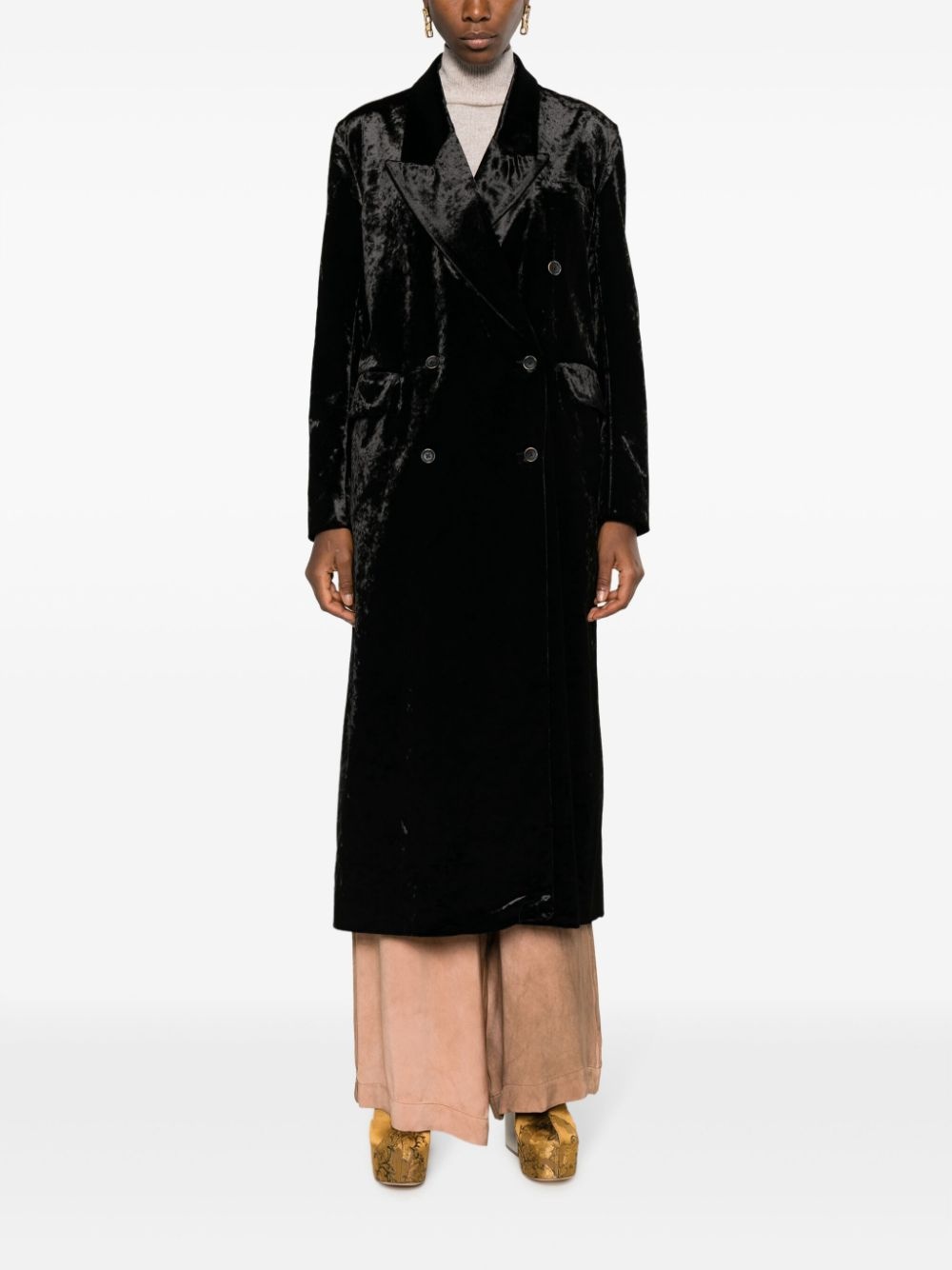 velvet-effect double-breasted coat - 2