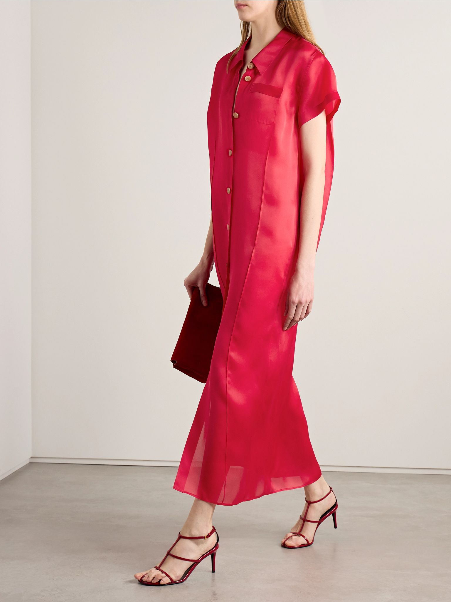 Effy silk and cotton-blend organza midi shirt dress Red - 2