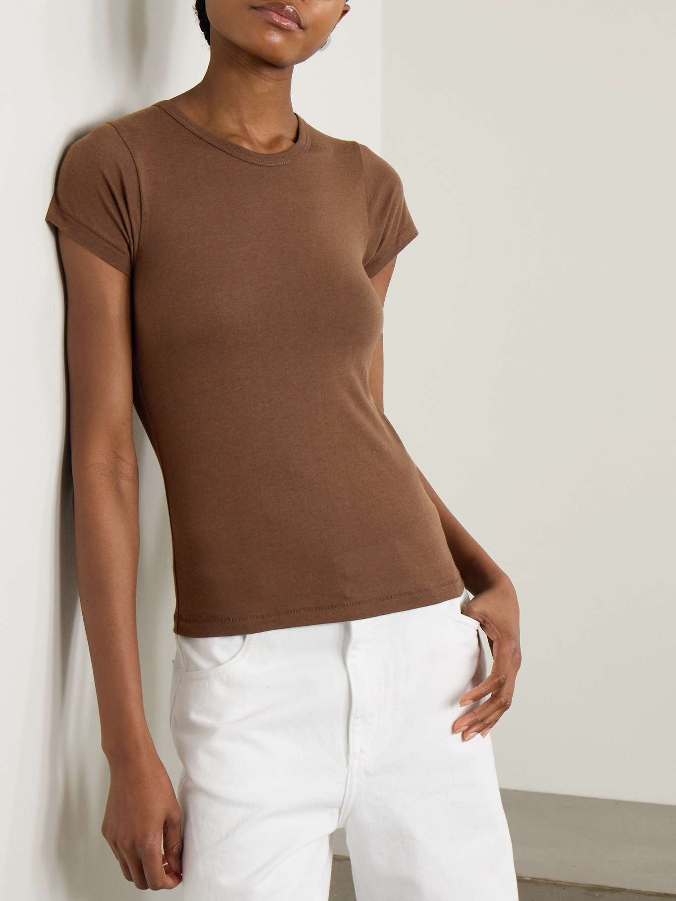 Short Sleeve Baby Tee cropped cotton and modal-blend jersey T-shirt Chocolate - 3