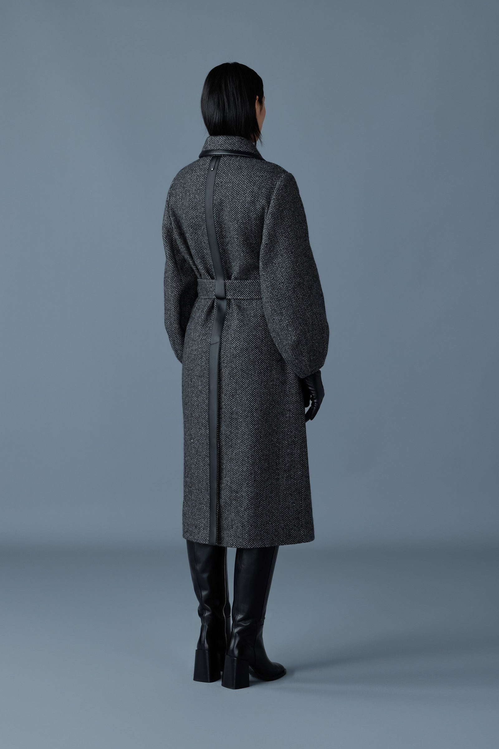ZEVA-HB Long wool herringbone trench with leather detail - 3