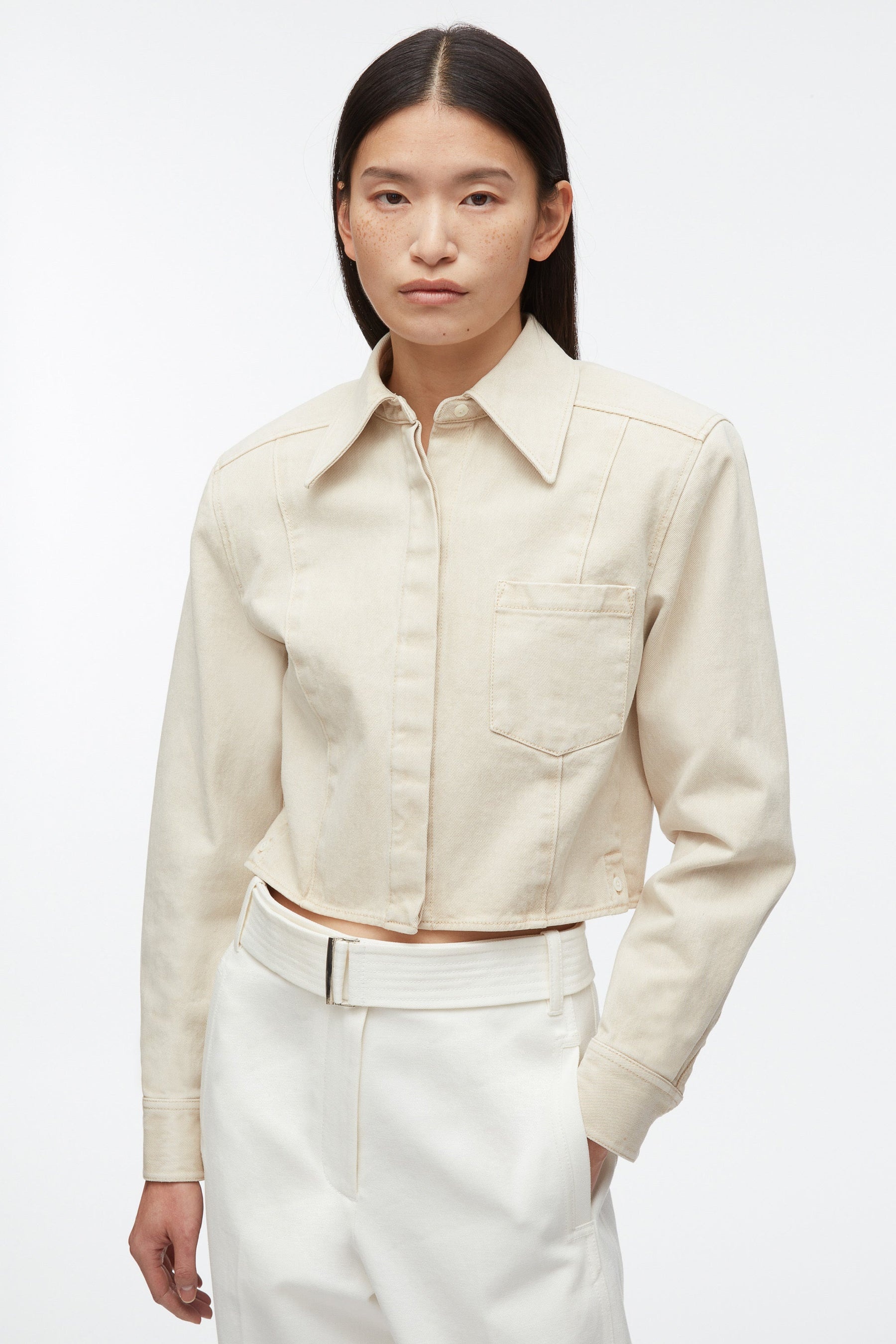 Denim Cropped Shirt with Shoulder Pads - 5