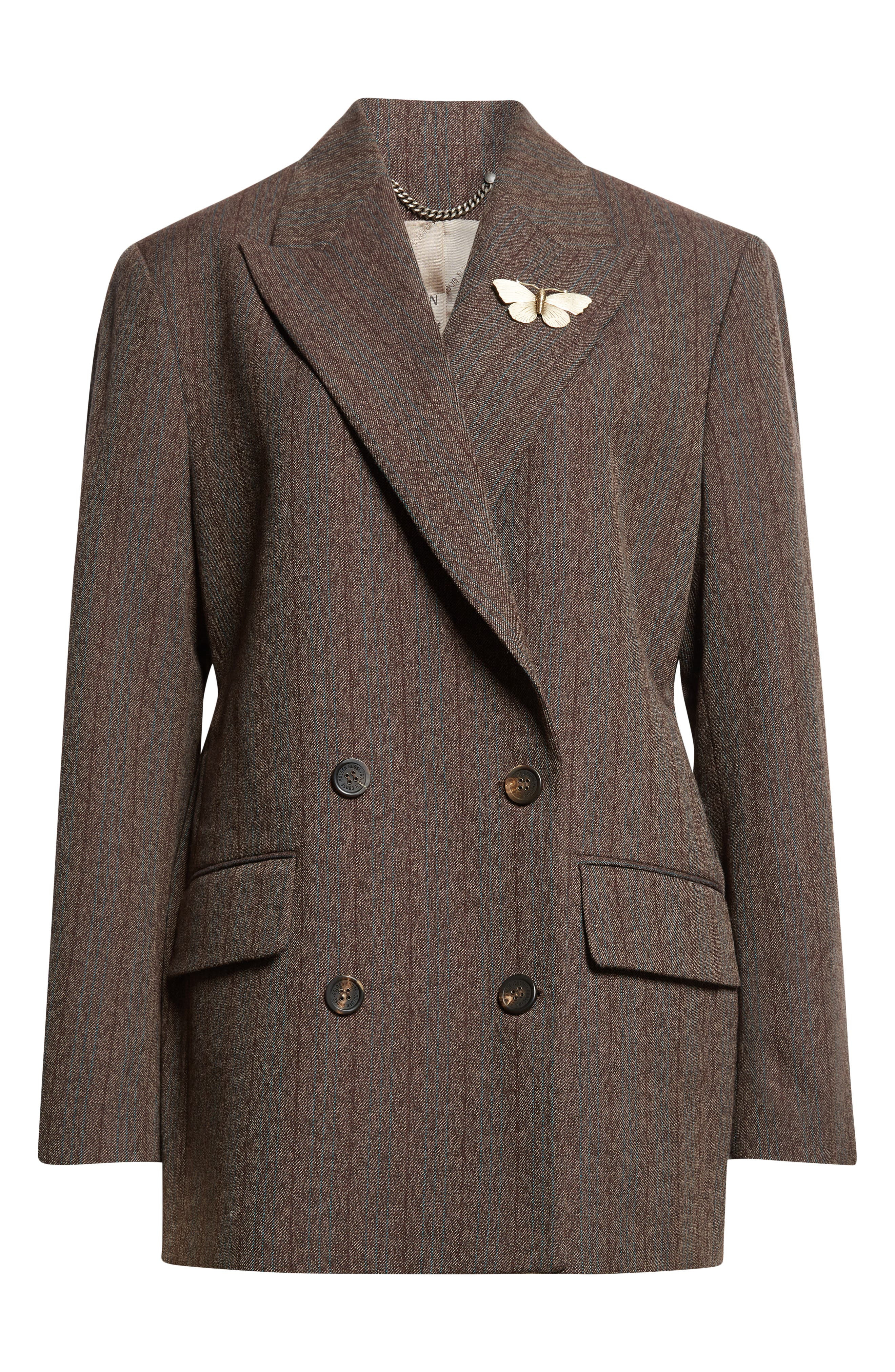 Golden Goose Journey Double Breasted Pinstripe Virgin Wool Blazer in Cocoa Brown/Turquoise at Nordst - 7