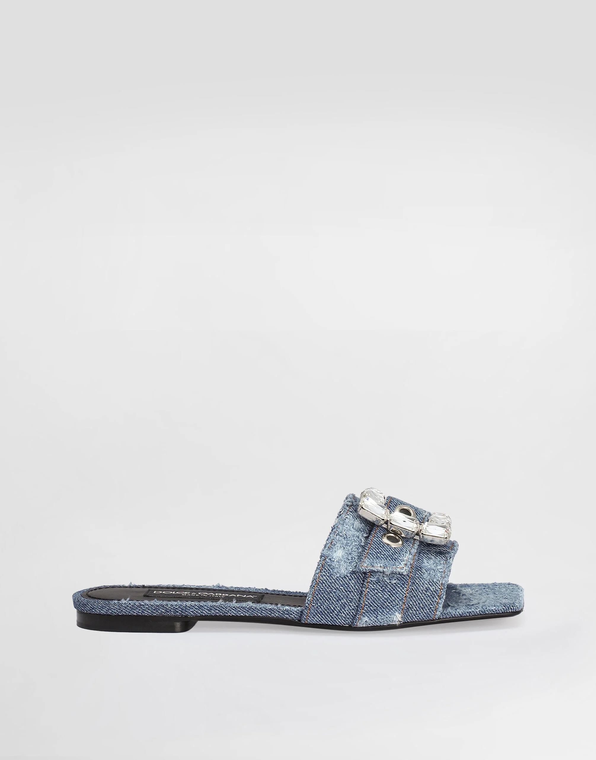 Patchwork denim slides with rhinestone buckle - 1