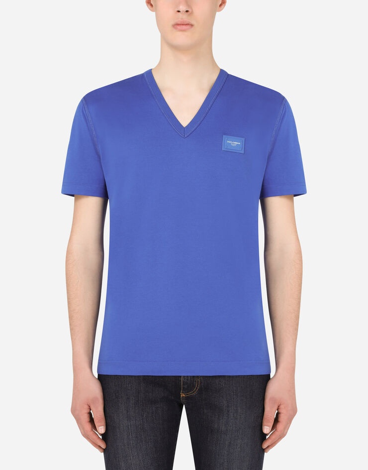 Cotton V-neck T-shirt with branded plate - 1