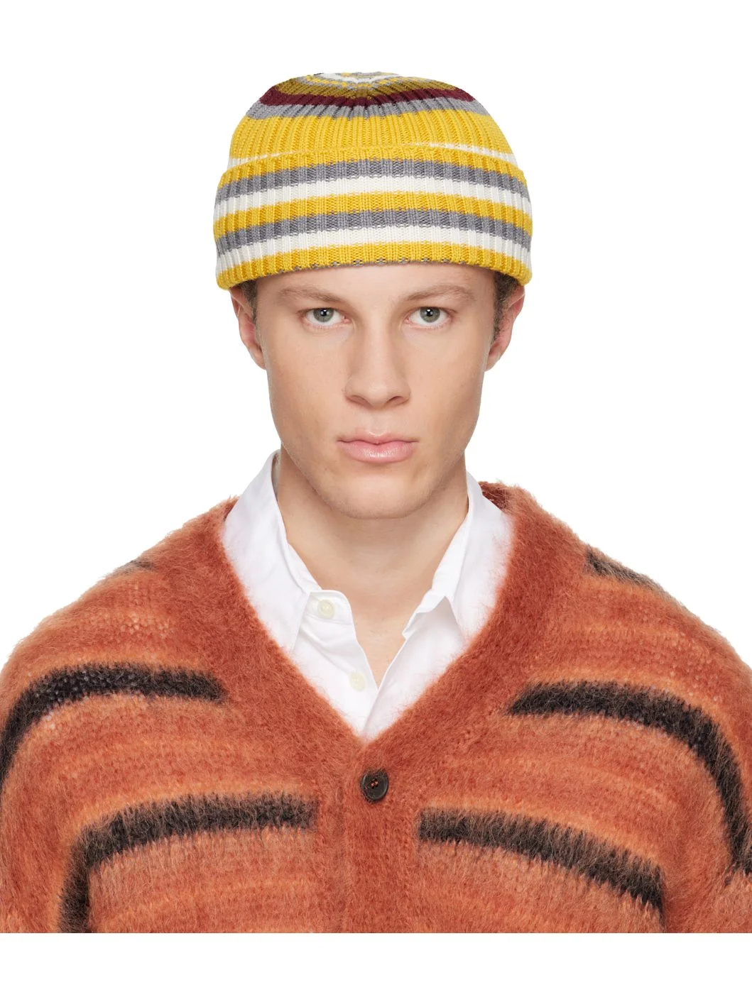 Yellow & Gray Striped Ribbed Beanie - 1