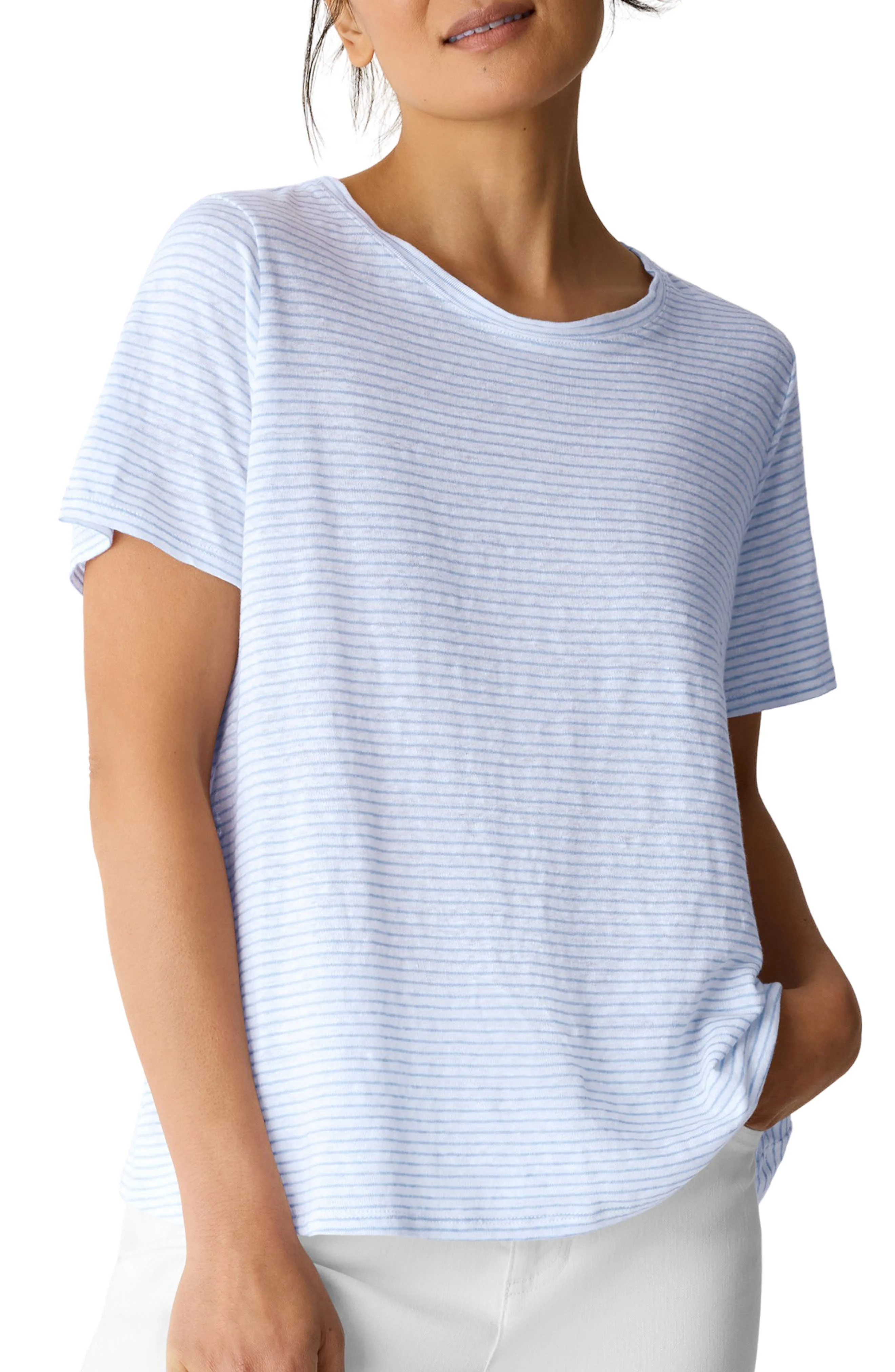 Eileen Fisher Stripe Organic Linen T-Shirt in Skylight at Nordstrom - 1