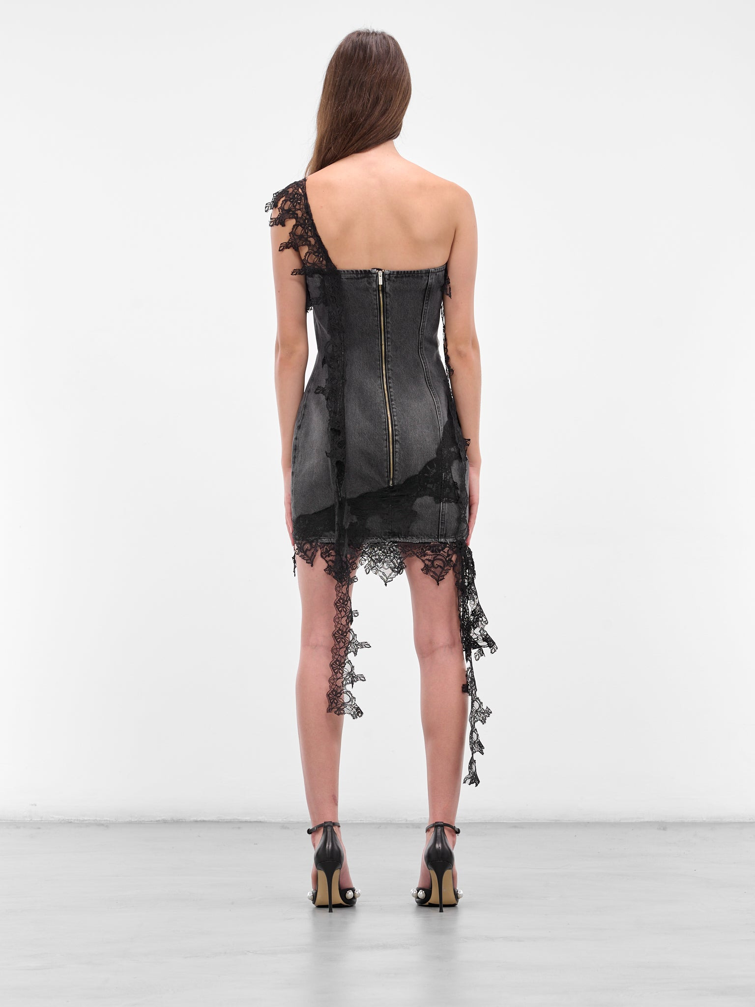 Black Denim Lace Mini Dress - 3