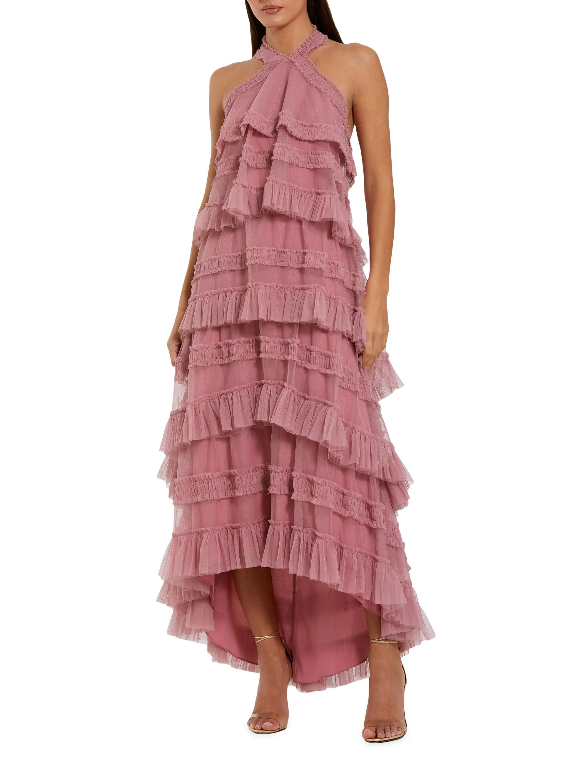 Women's Cocktail Mesh Ruffle Halter Maxi Dress - Rose - 1