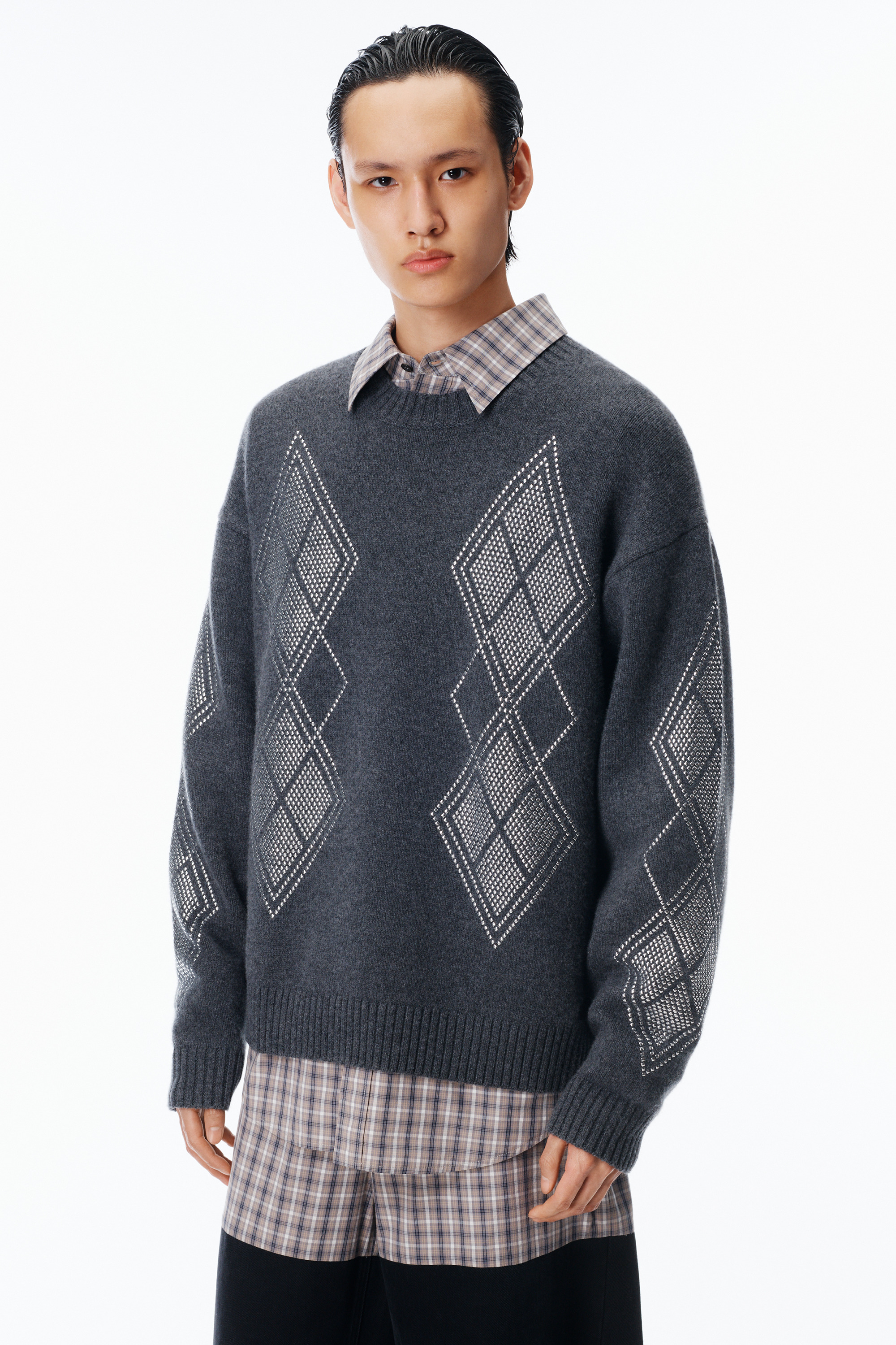 Studded Argyle Crewneck Pullover - 3