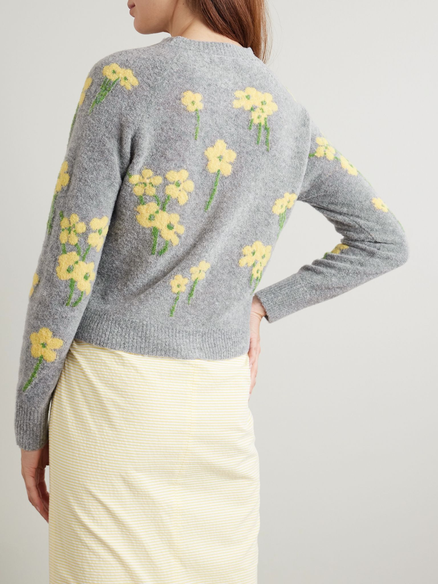 Nona floral-jacquard wool-blend bouclé cardigan Gray - 3