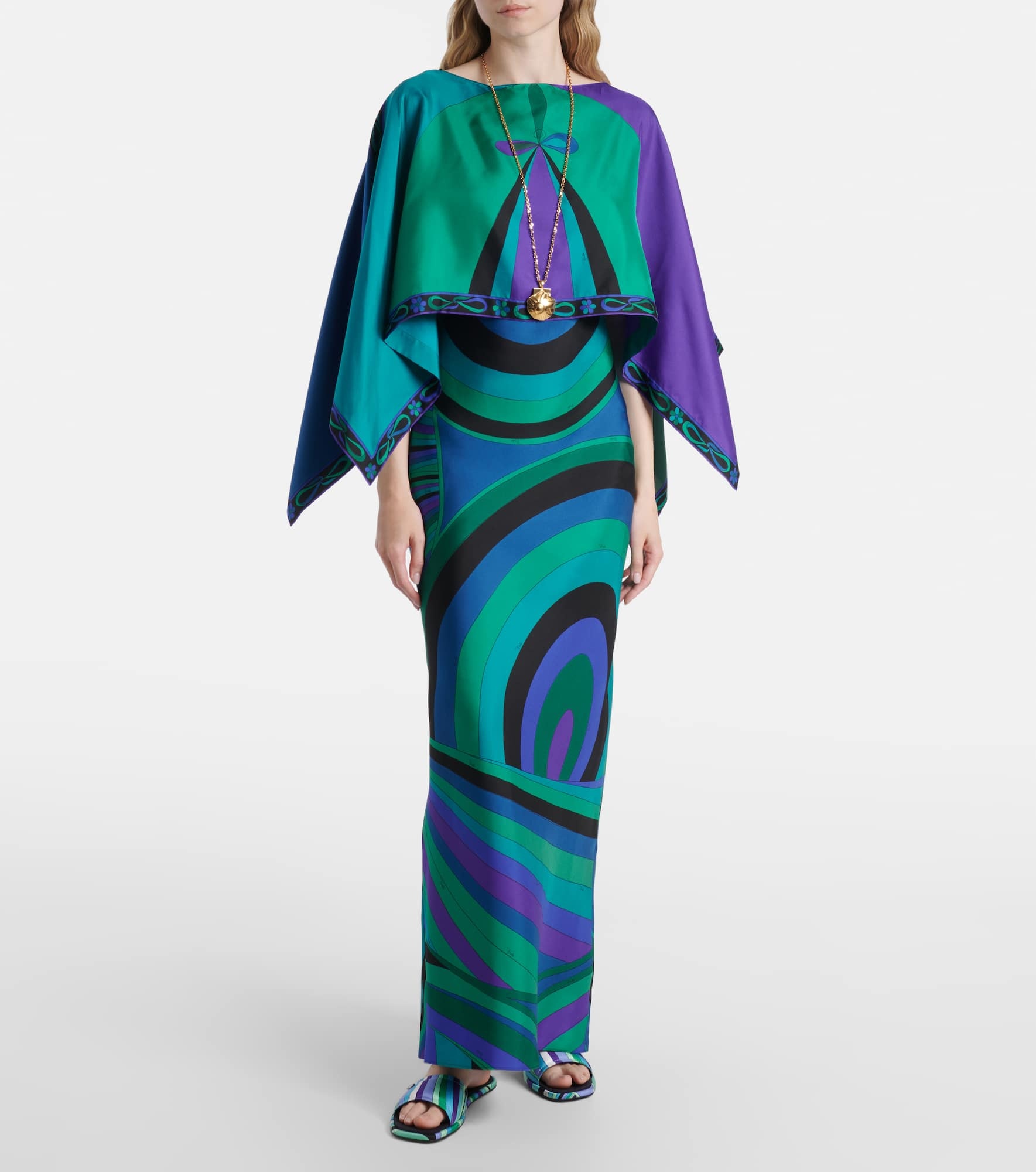 Iride printed cape-detail silk maxi dress - 2