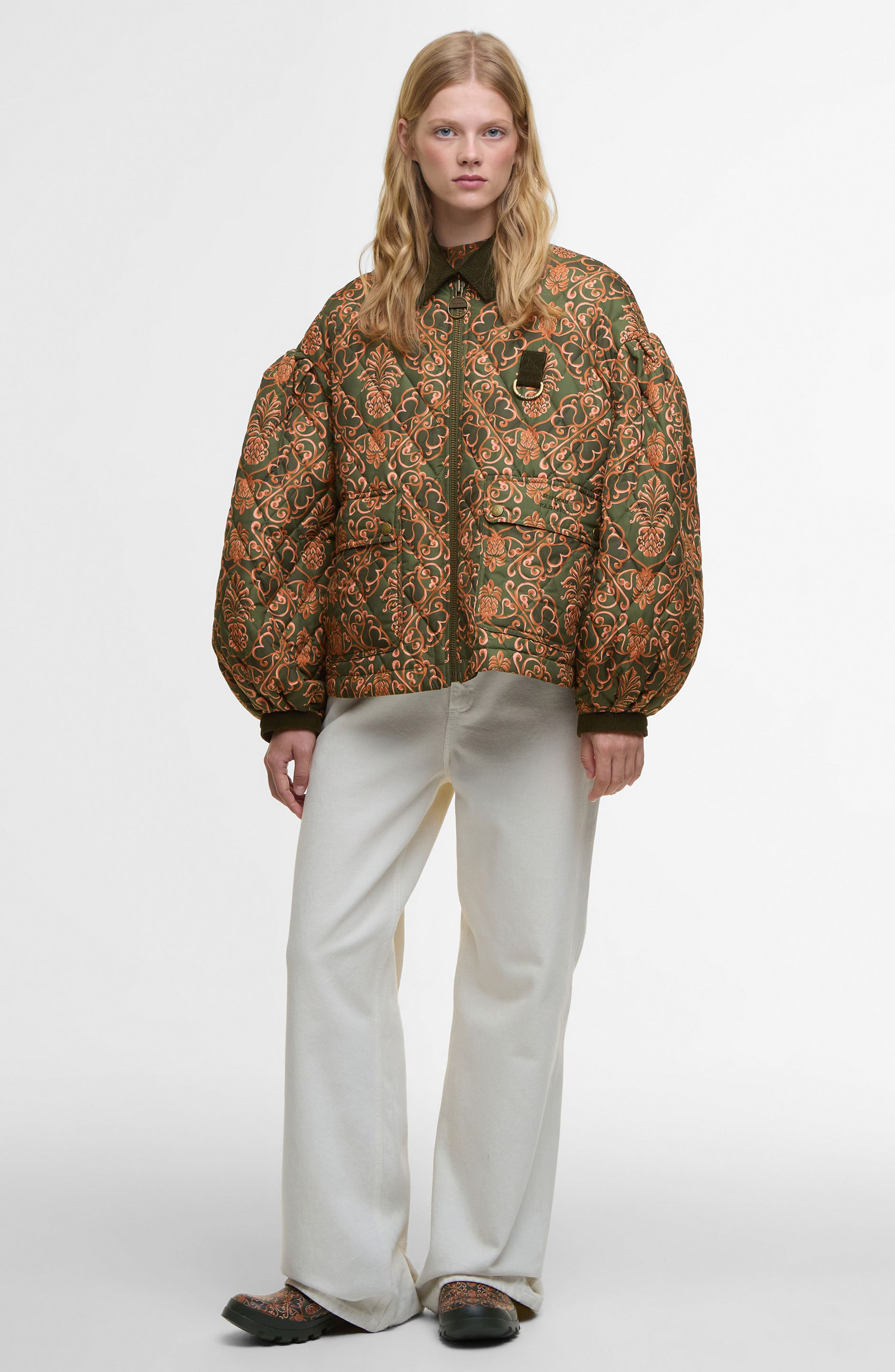 Barbour x FARM Rio Luisa Quilted Jacket in Pineapple/Green Heart Print at Nordstrom - 7
