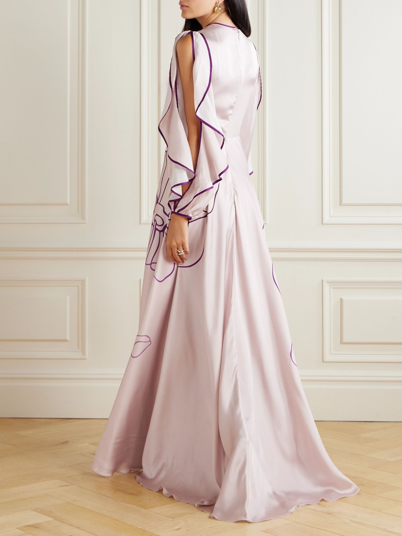 Priela ruffled cutout floral-print satin gown Pink - 3