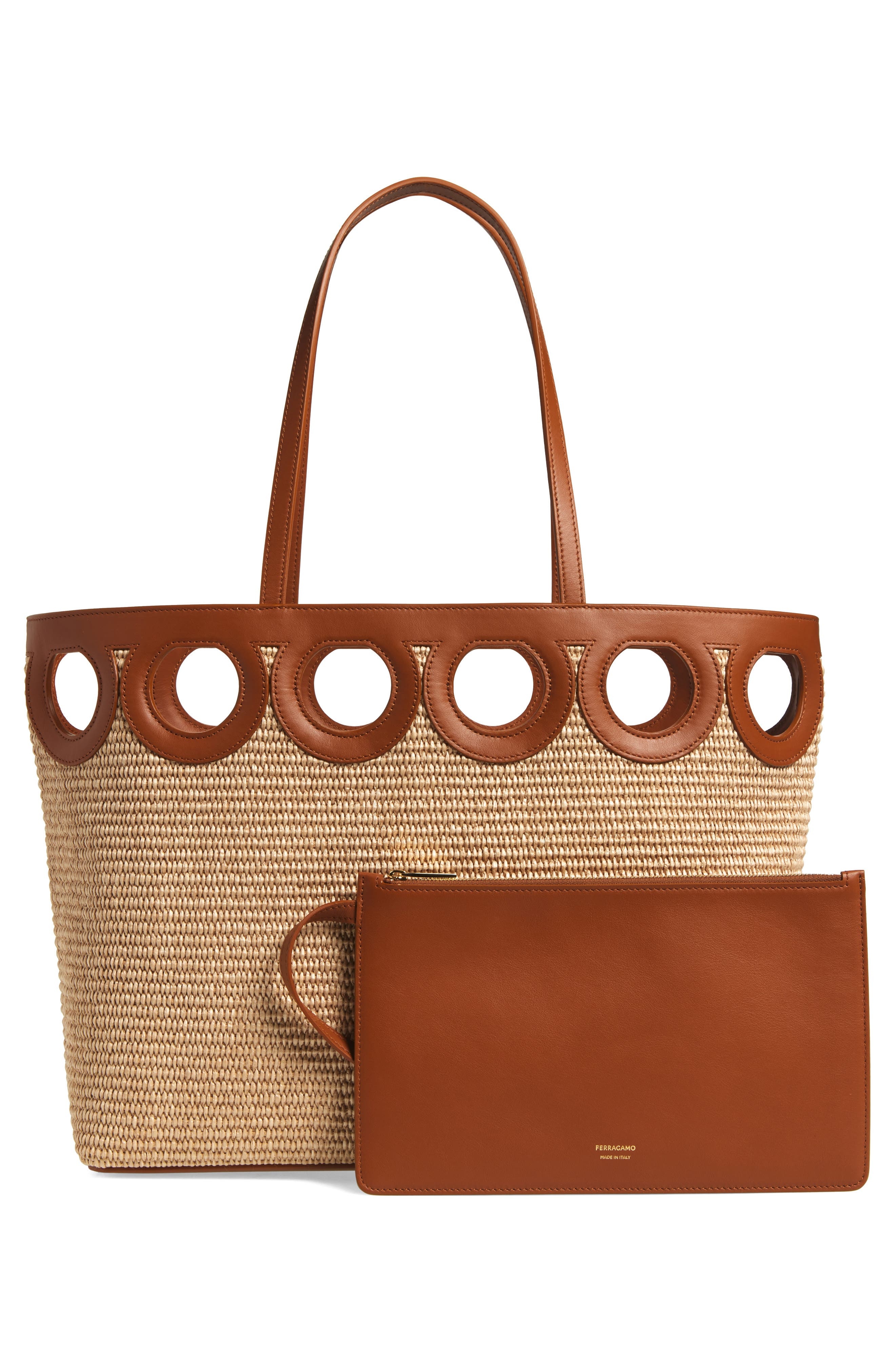 FERRAGAMO Medium Gancini Frame Perforated Raffia & Leather Tote in Naturale/Resort at Nordstrom - 4