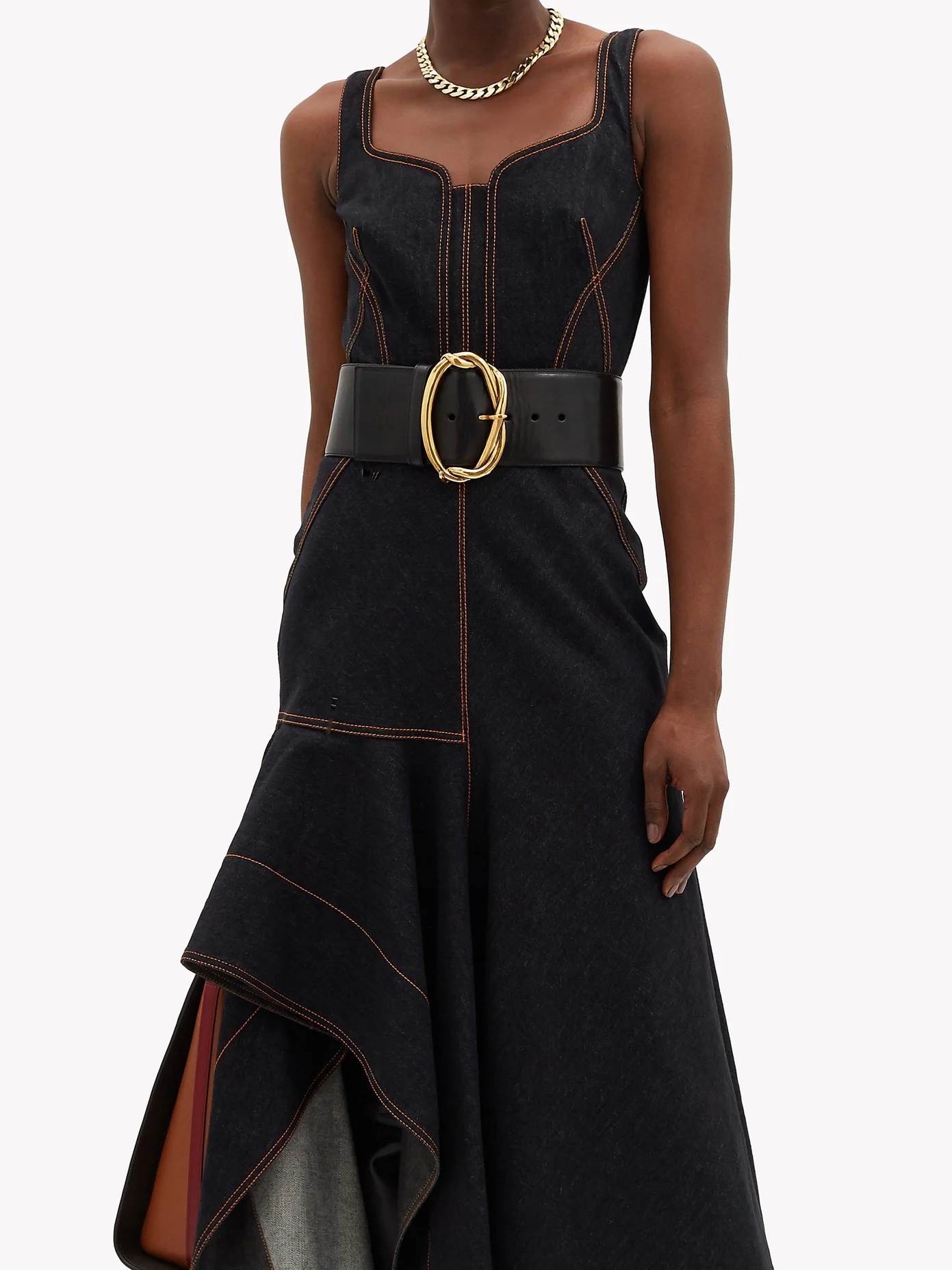 Contrast-stitch asymmetric denim dress - 6