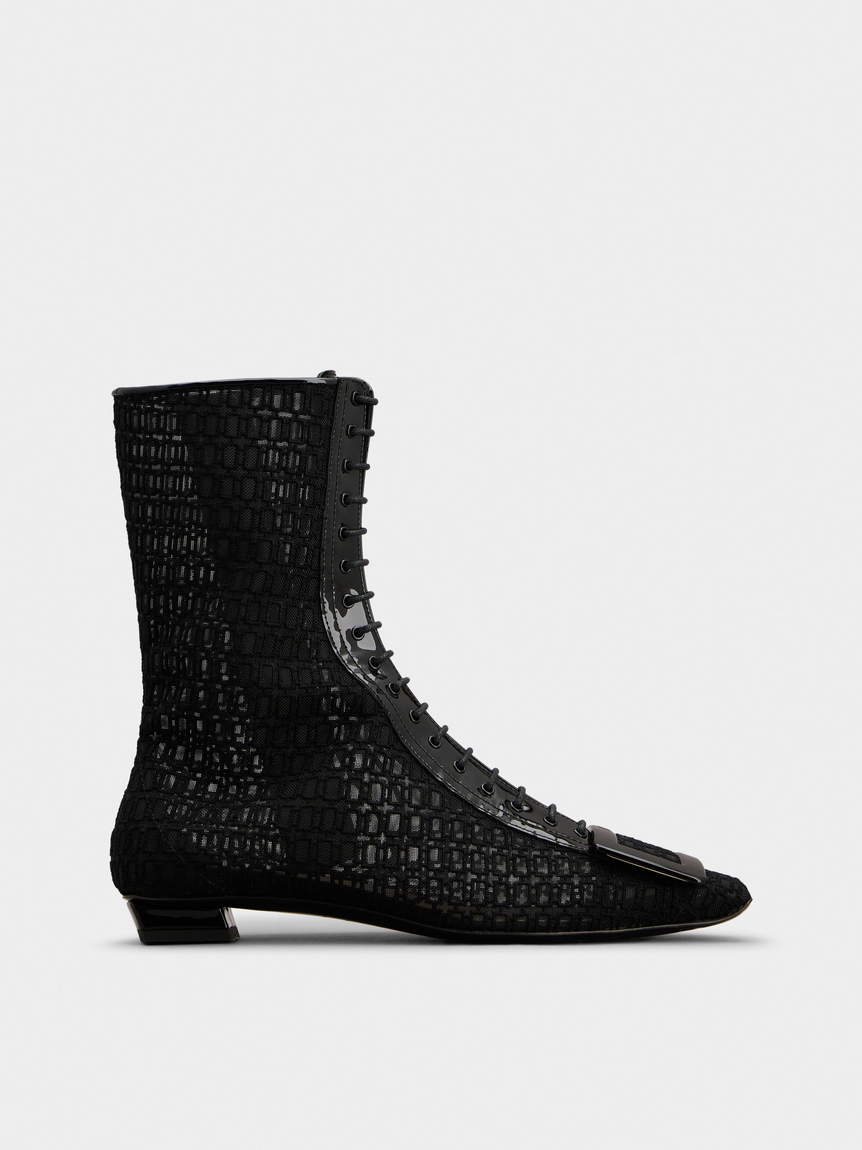 Roger Vivier Belle Vivier Net Lacquered Buckle Lace-up Ankle Boots in  Fabric | REVERSIBLE