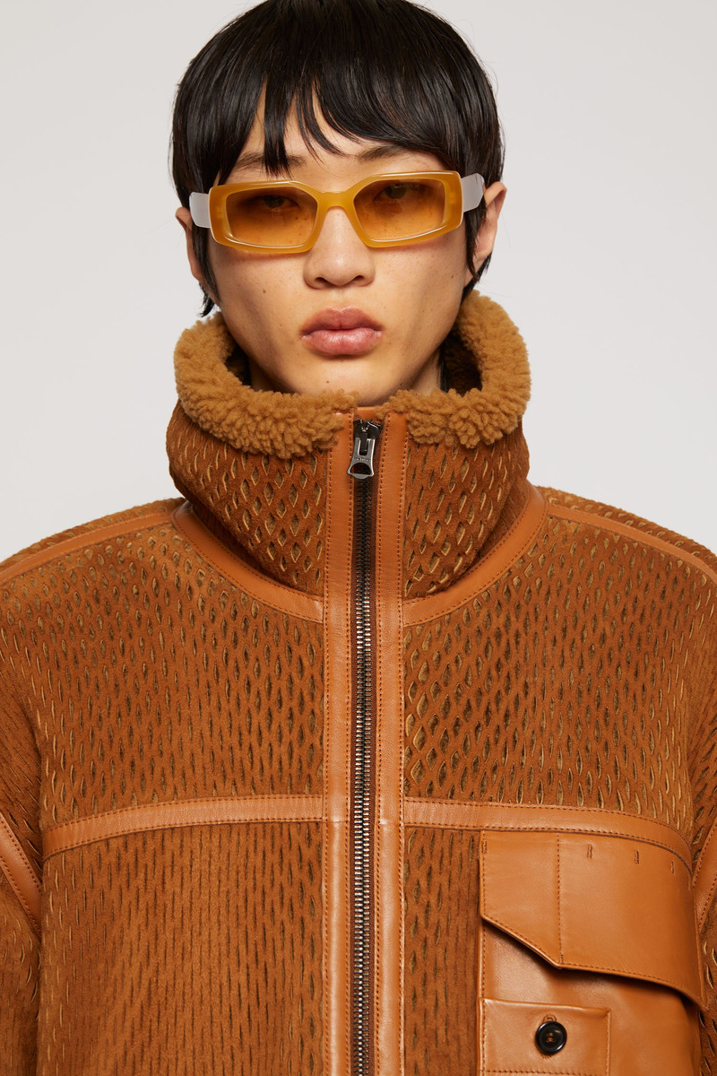 Laser-cut suede coat camel brown 8