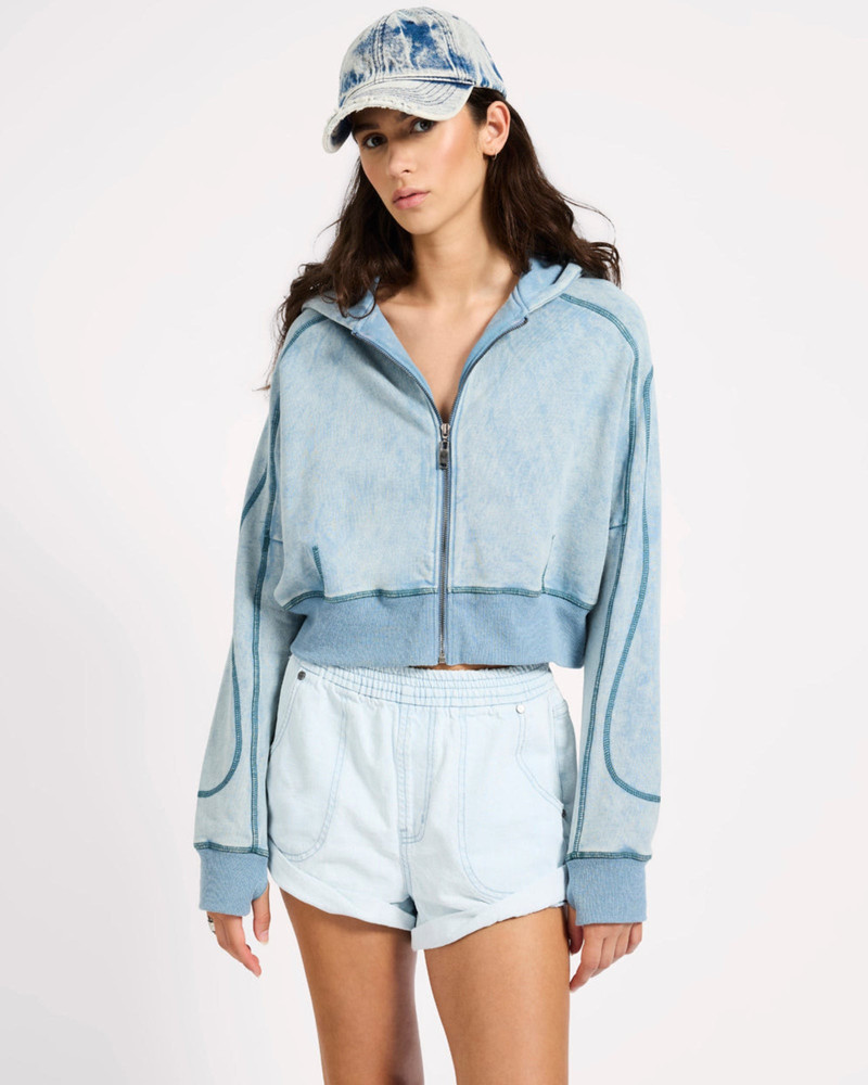 Cropped Fleece Zip Hoody - Washed Blue 2