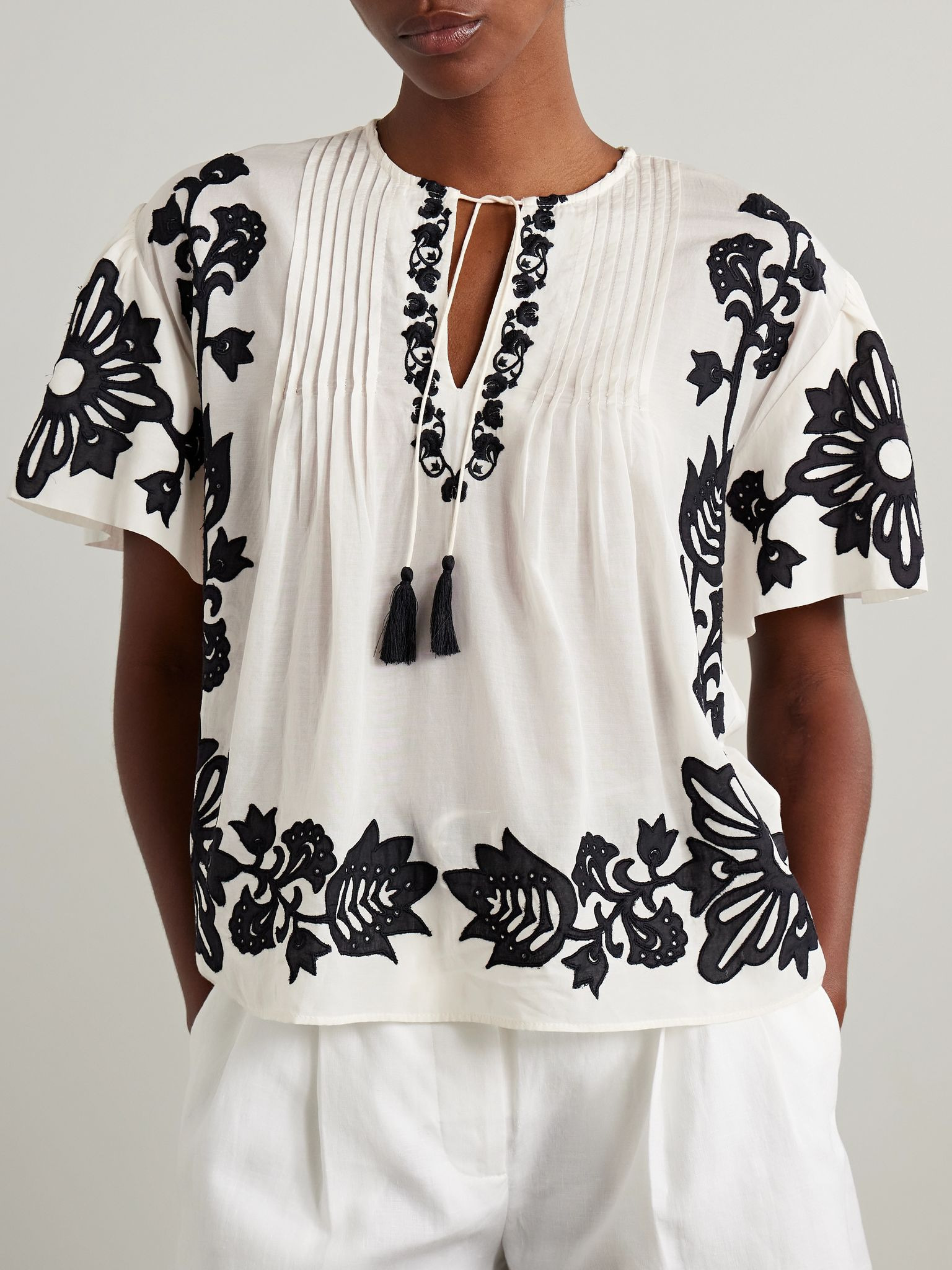 Liliana appliquéd pintucked cotton-blend voile blouse White - 3