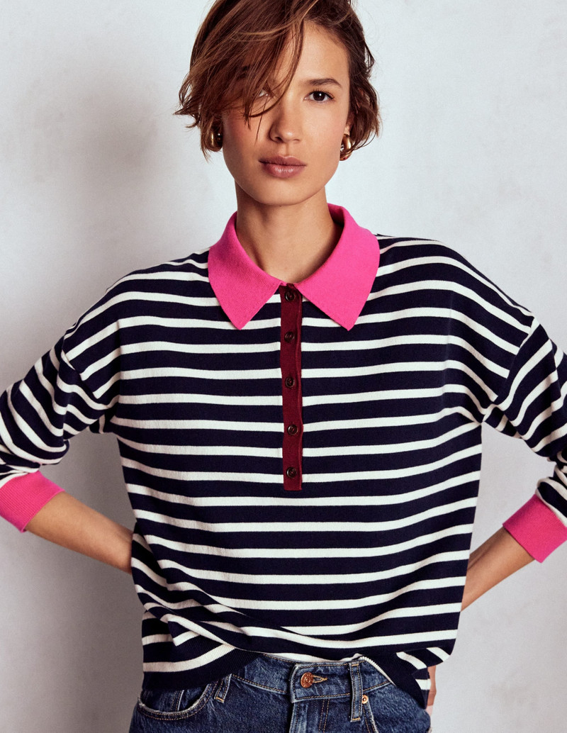 Lara Cotton Henley Jumper-Navy Stripe 1