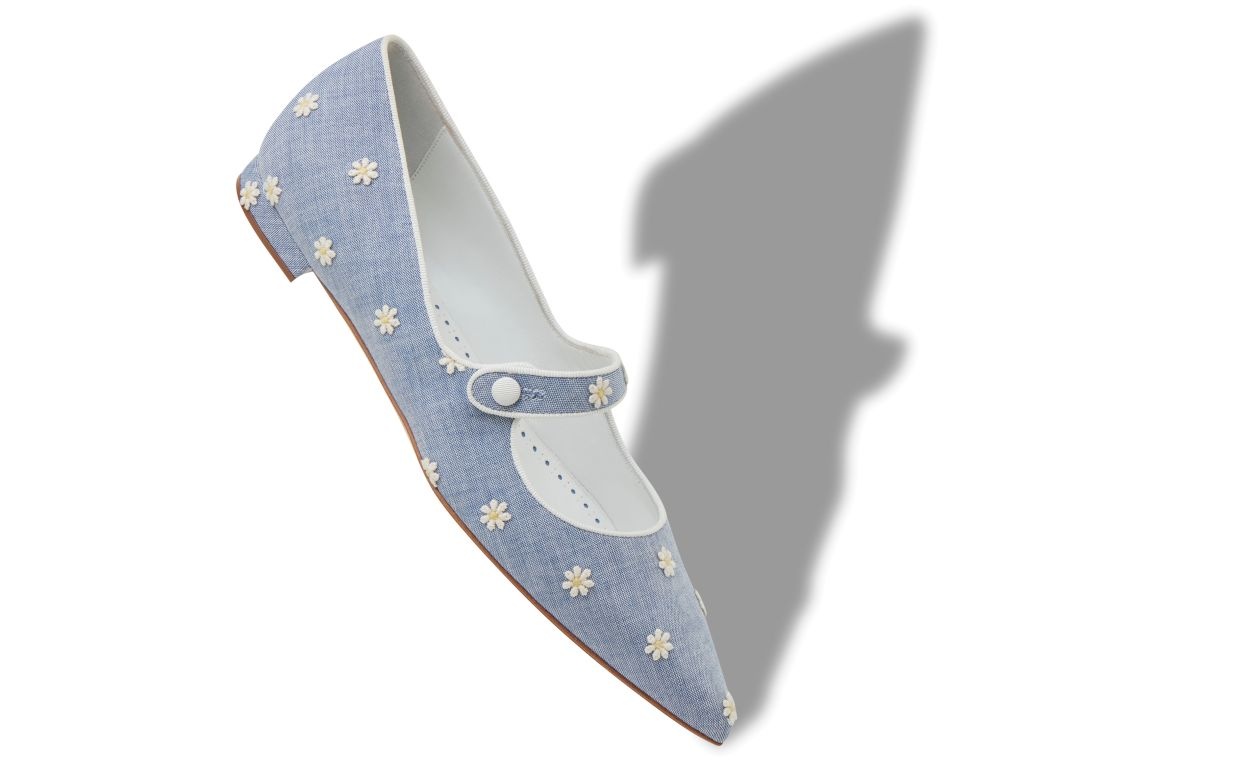 Blue and White Chambray Daisy Flat Pumps - 2
