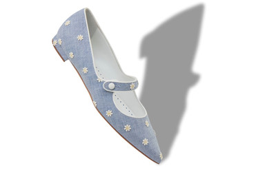 Manolo Blahnik Blue and White Chambray Daisy Flat Pumps outlook