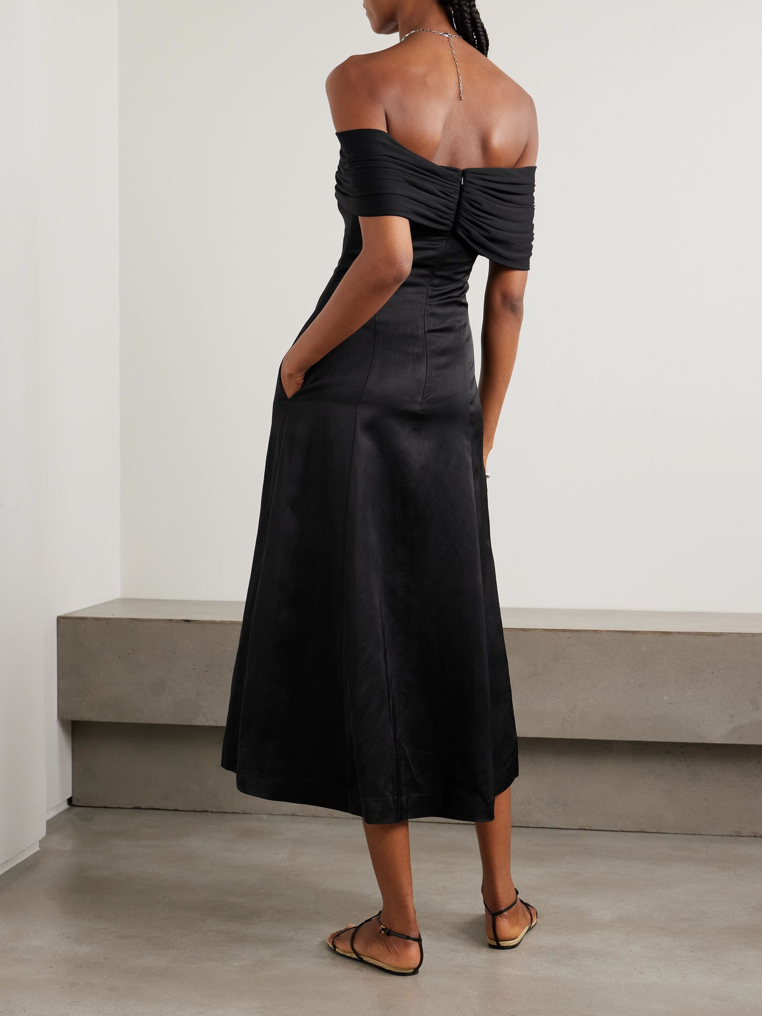 Off-the-shoulder voile and stretch-bamboo jersey midi dress Black - 3