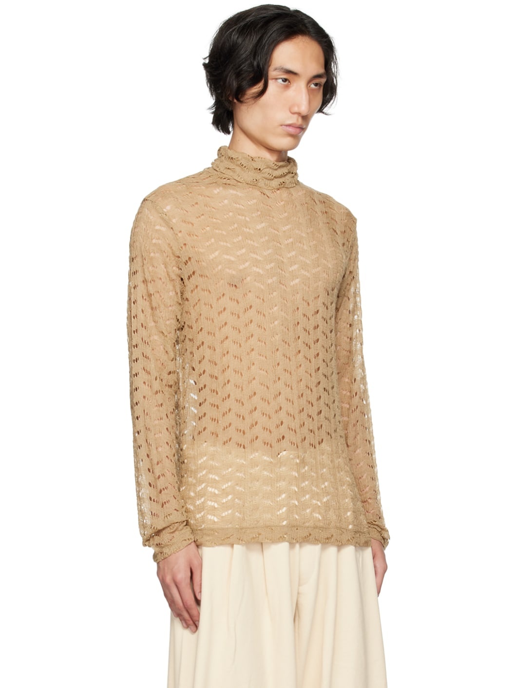 Beige Laddered Turtleneck - 4