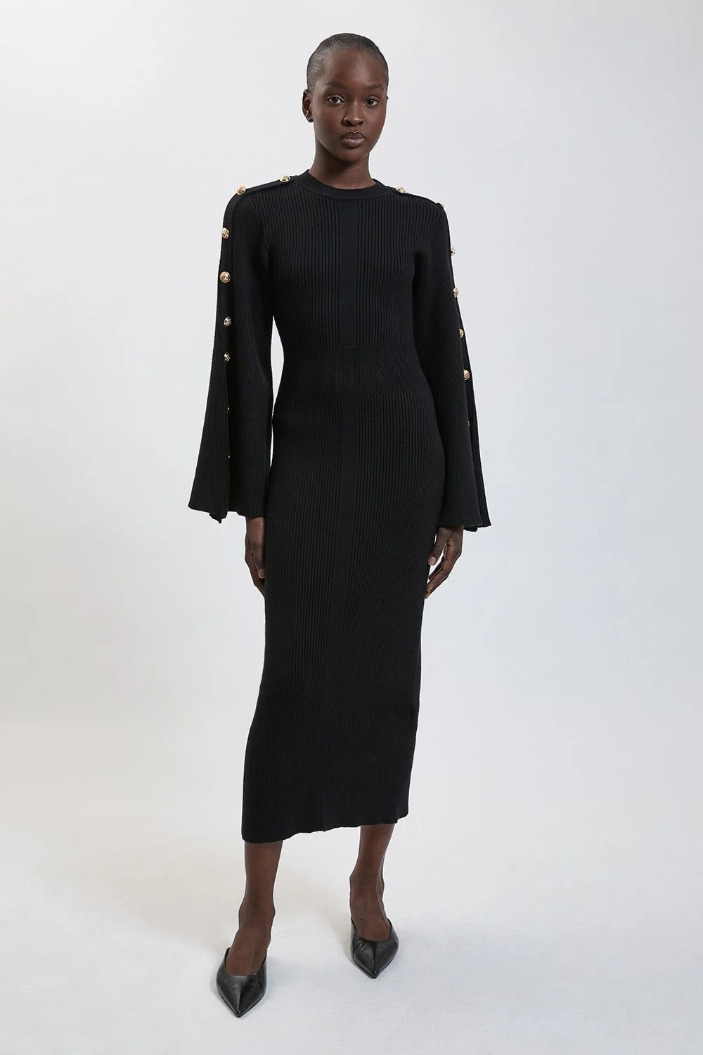 Petite Military Button Up Sleeved Knitted Midi Dress - 1