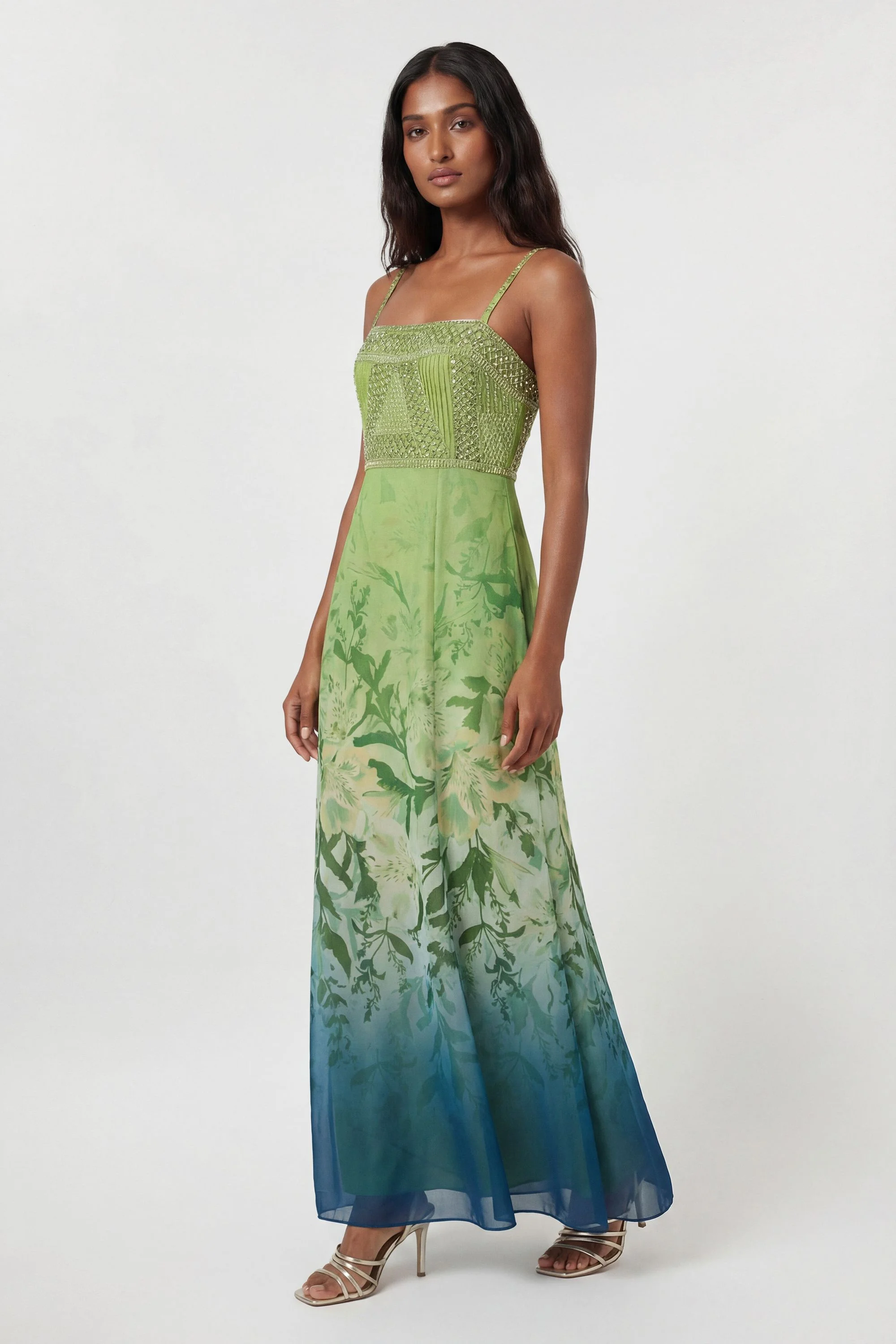 Embellished Ombre Floral Pleated Woven Bandeau Maxi Dress - 1