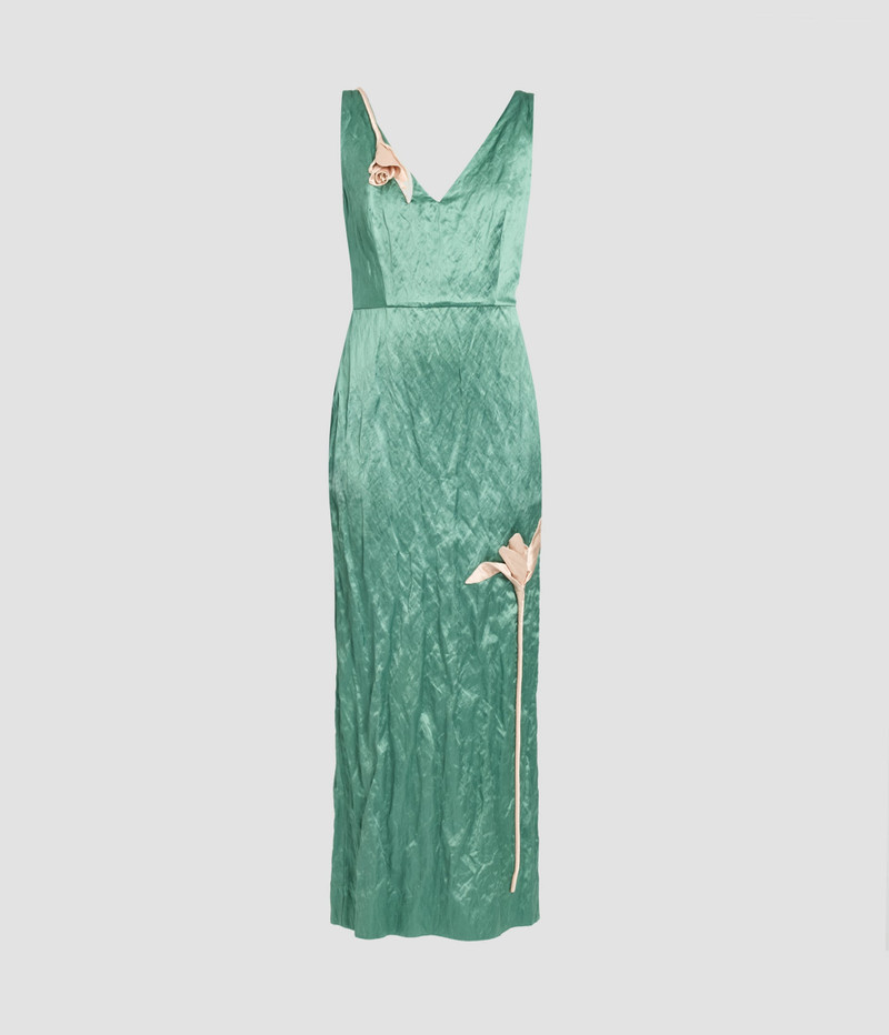 EMBROIDERED TEXTURED SATIN SLEEVELESS MIDI DRESS 1