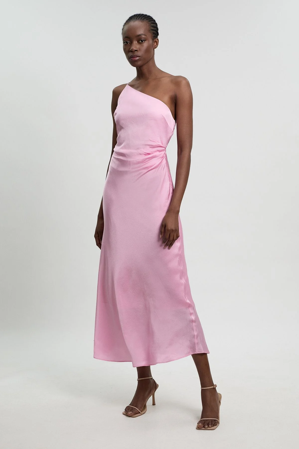 Viscose Satin Asymmetric Detail Midi Dress - 1