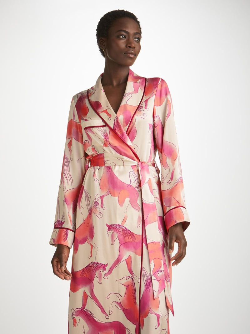 Derek Rose Women's Long Dressing Gown Brindisi 96 Silk Satin Cream outlook