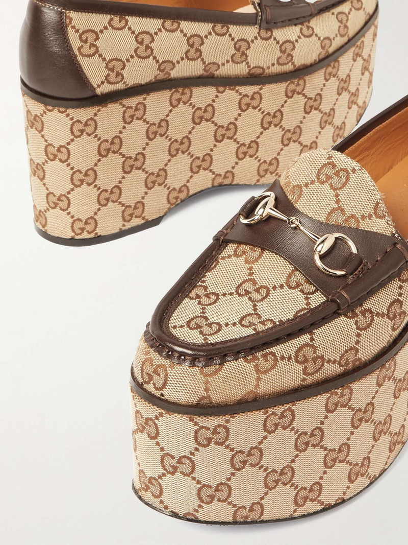 Horsebit leather-trimmed canvas-jacquard platform loafers 4