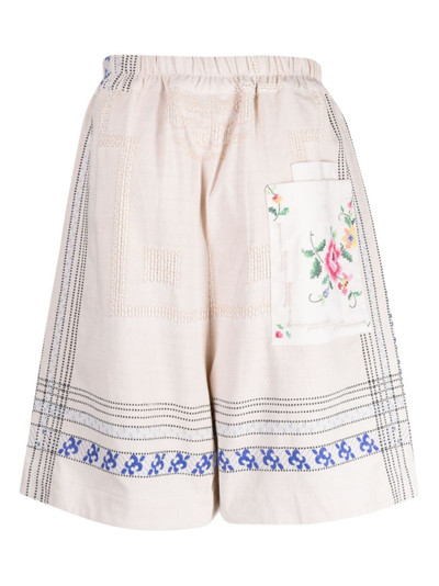 By Walid floral-embroidered linen drop-crotch shorts outlook