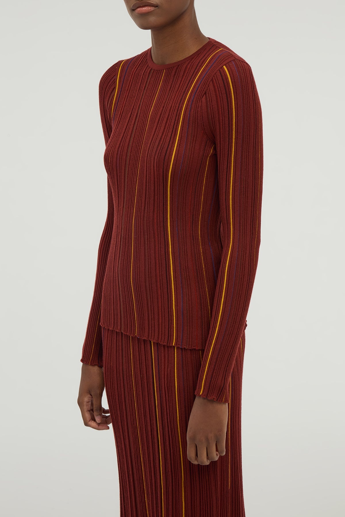 Augie Pinstripe Knit Sweater in Burnt Sienna Merino Wool - 5