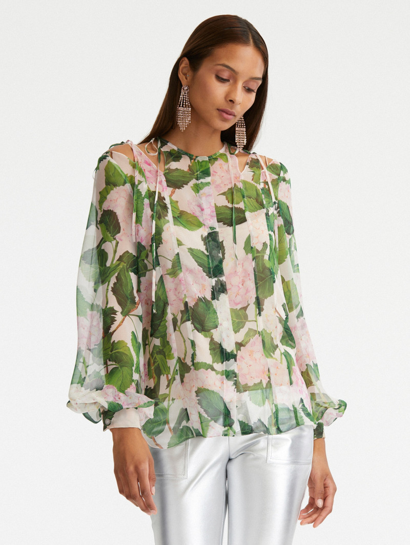 HYDRANGEA TIE-NECK CHIFFON BLOUSE 1